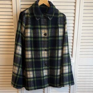 Plaid Wool Button-Up Cape in Navy, Green & Cream